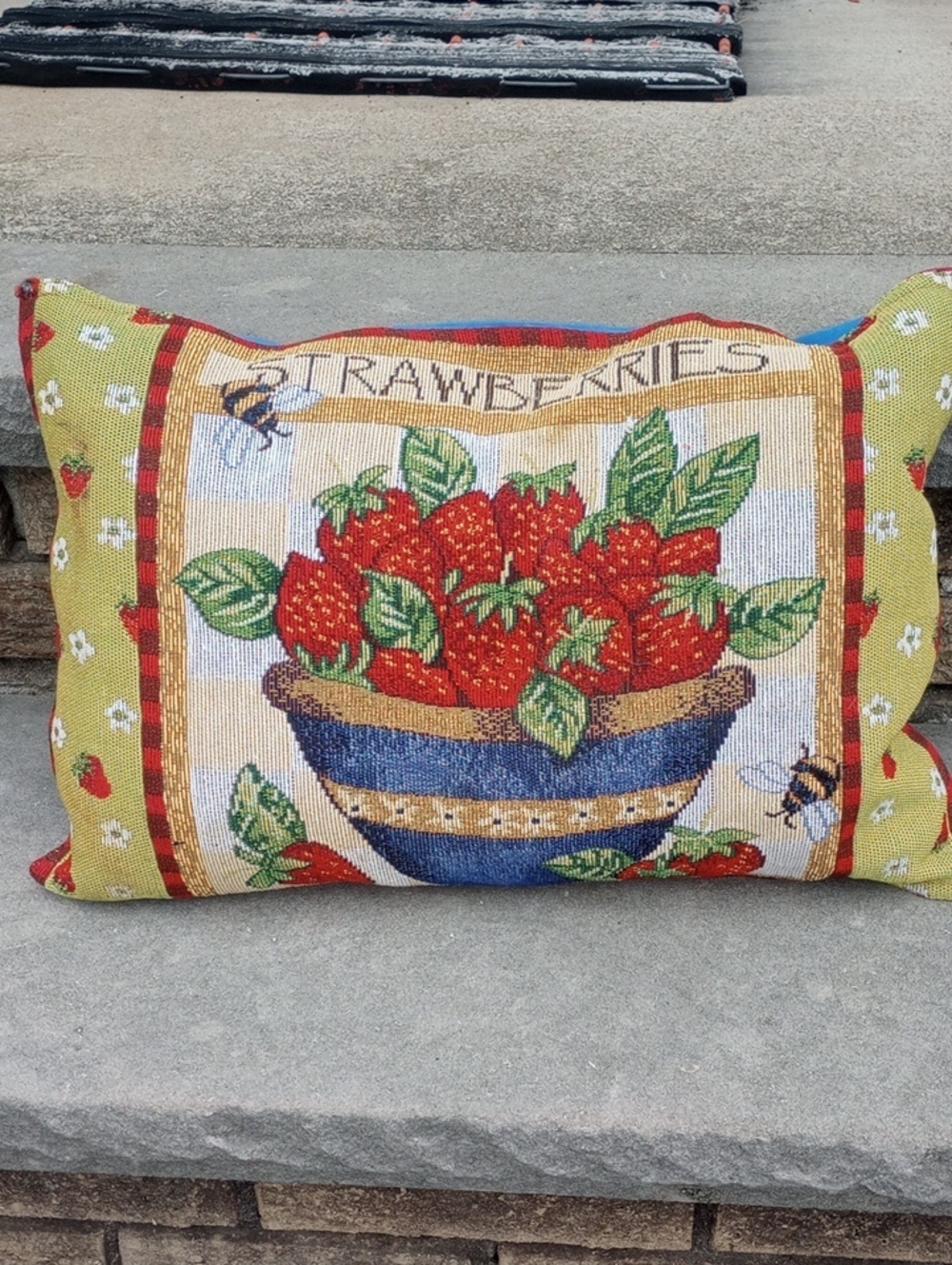 Colorful Strawberry & Floral Vintage Tapestry Toss Pillow w/ Bees. As-Is